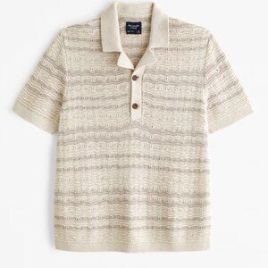 Abercrombie Camp Collar Cropped 2 Button Sweater Polo- Soft Silver Stripe Medium